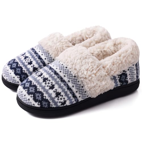 Evshine Women's Fuzzy Memory Foam Closed Back Slippers Knit Fleece Lined House Shoes for Indoor & Outdoor, Navy, 8-9, EU Size 40-41
