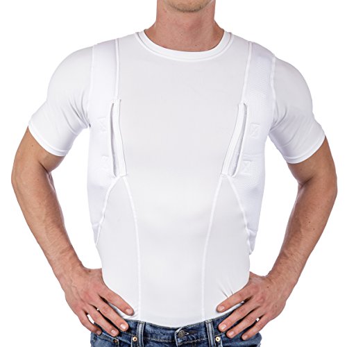 CCW Tactical Concealed Carry Holster Shirt | Secure Velcro Pocket with Large Storage | Mens Crew, White L