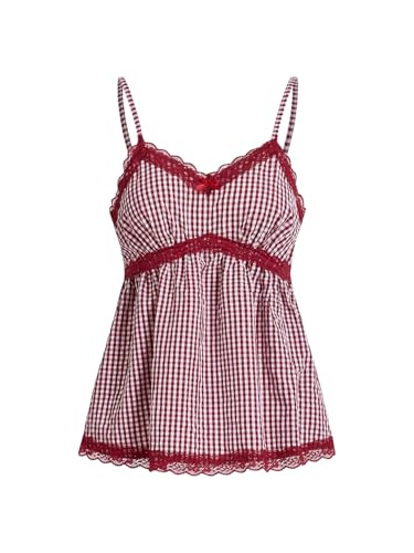 SOLY HUX Women's Plaid Contrast Lace Cami Tops Spaghetti Strap Y2k Camisole Tops Red and White Plaid Medium