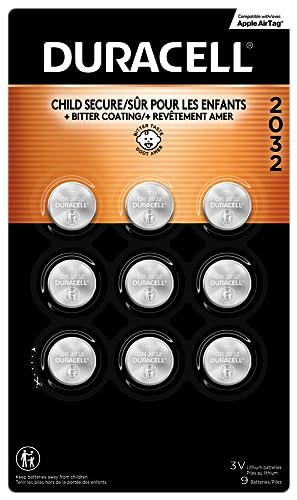 Duracell 2032 Lithium Battery. 9 Count Pack. Child Safety Features. Compatible with Apple AirTag, Key Fob, and other devices. CR2032 Lithium 3V Cell. 2032 Battery, Lithium Coin Battery