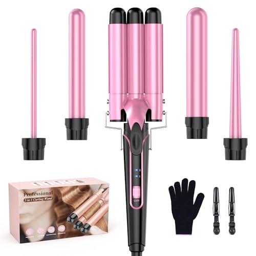 Waver Curling Iron Curling Wand - BESTOPE PRO 5 in 1 Curling Wand Set with 3 Barrel Hair Crimper for Women, Fast Heating Crimper Wand Curler in All Hair Type-Pink