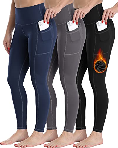 CHRLEISURE Fleece Lined Winter Leggings Women, High Waisted Thermal Warm Workout Yoga Pants with Pockets(Black,DGray,Navy, XL)