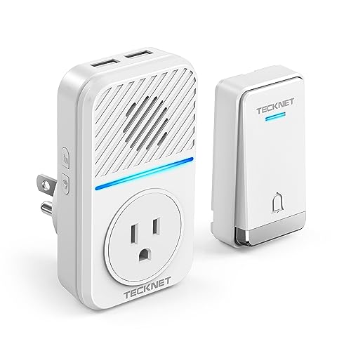 TECKNET Wireless Doorbell, IP65 Waterproof Door Bells for Home with 2 USB Ports, Door Bell Ringer Wireless with 60 Chimes, 5 Adjustable Volume and 1300Ft Range for Classroom Office Bedroom