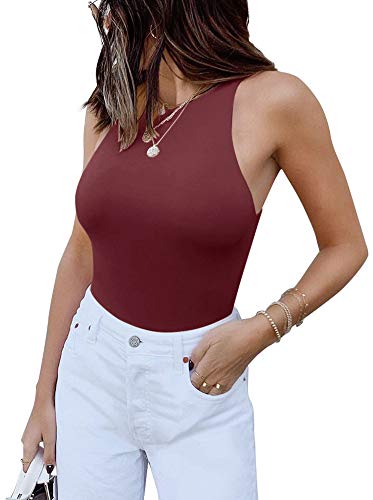 REORIA Womens Sexy Sleeveless Halter Neck Racer Back Leotard High Waist Thong Bodysuits Tank Tops Burgundy Large