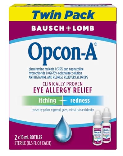 Opcon-A Allergy Eye Drops by Bausch + Lomb, for Itch and Redness Relief, Red and Itchy Eyes Antihistamine Eye Drop, Clinically Proven Treatment, 0.5 Fl Oz (Pack of 2)