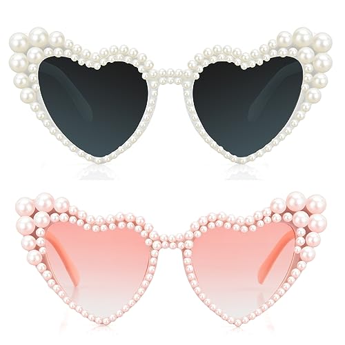 POTOTA Heart Sunglasses Pearl Heart Shaped Sunglasses Womens-White Sunglasses Women (2Pack White+Pink)