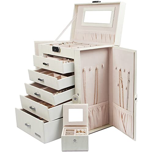 Homde 2 in 1 Huge Jewelry Box/Organizer/Case Faux Leather with Small Travel Case, Gift for Girls or Women (White Wood Grain)