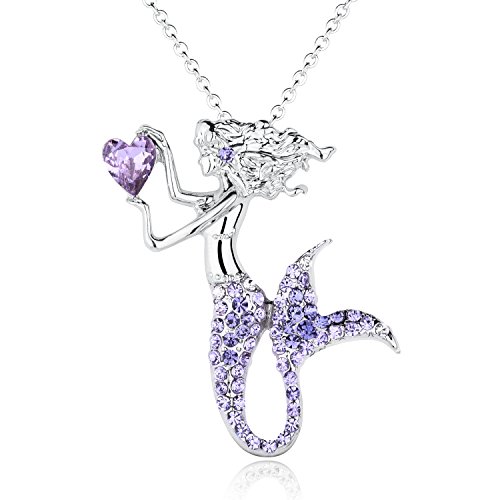 luomart Fashion Mermaid Birthstone Necklace Jewelry White Gold Plated Austrian Crystal Magic Pendant Gift (Amethyst)