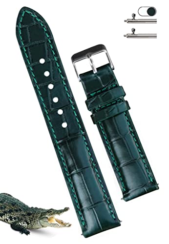 vinacreations 18mm Green Alligator Belly Leather Watch Band Crocodile Strap Men Quick Release Premium Replacement Wristwatch Band Tag Buckle Handmade Vietnamese DH-08-18MM