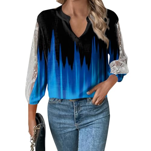 Today Show Deals of The Day, 3/4 Length Sleeve Blouse 3/4 Sleeve Cotton Shirts for Mature Women 2024 Women's 3/4 Sleeve Loose Casual V-Neck Top Printed Lace Hollow Sleeve (1-Blue,XX-Large)