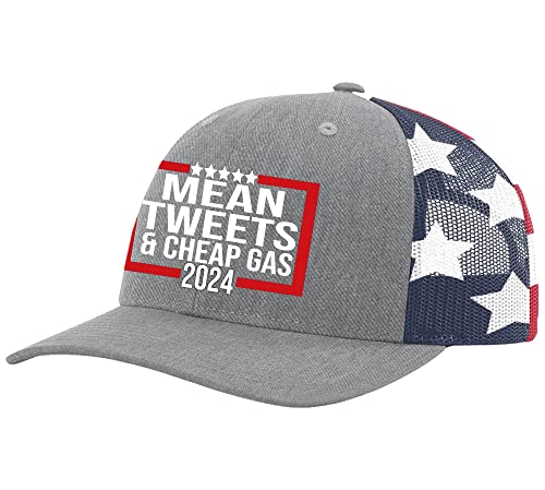 Trenz Shirt Company Mean Tweets and Cheap Gas 2024 Stars Mens Embroidered Mesh Back Trucker Hat, Heather Grey/American Flag