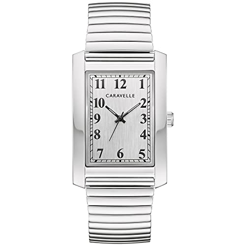 Caravelle by Bulova Men's Classic Dress 3-Hand Quartz Expansion Band Watch, Rectangle Case, Curved Mineral Crystal, Stainless Steel/Silver