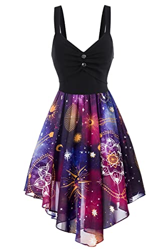 FEAPHY Women's Vintage Chiffon Sun Moon Star Sleeveless A-Line High Low Dress (Galaxy-Purple, L)