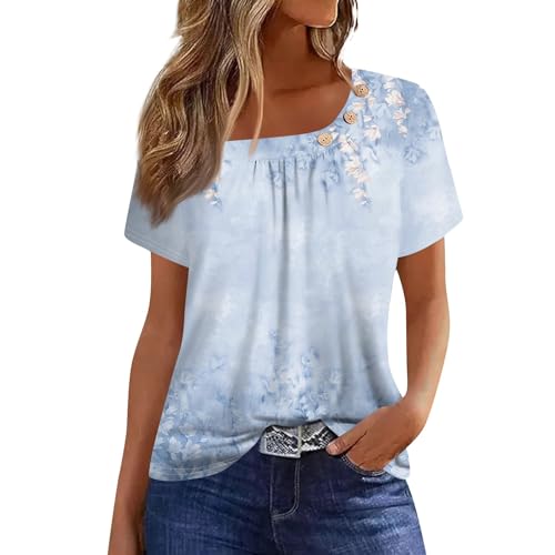 Womens Short Sleeve Blouses Loose Comfy Printed Blouse Button Up Round Neck Shirts Casual 2024 Summer T Shirt Long Button Down Shirts for Women Short Sleeve（Small,3-Sky Blue）