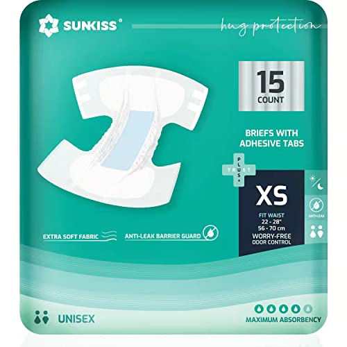 SUNKISS TrustPlus Adult Diapers with Maximum Absorbency, Unisex Disposable Incontinence Briefs with Tabs for Men and Women, Odor Control, XSmall, 15 Count