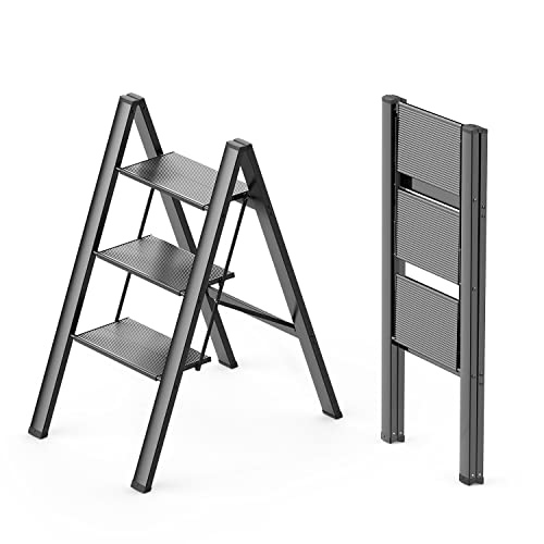 WOA WOA Step Ladder 3 Step Folding, Lightweight Portable 3 Step Ladder with Anti-Slip Pedal, Aluminum Stepladder, Step Stool for Office, Household, Library 300lbs - Black