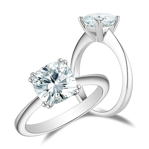 DovEggs Center 2ct Diameter 7.5mm Cushion Cut 2.8mm Width 8 Prongs Front Look Colorless Side Look Slightly Blue Moissanite Engagement Ring 14k Gold Quality Silver Engagement Rings for Women (6.5)