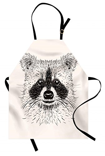 Lunarable Raccoon Apron, Animal Cuteness Face Sketch Little Forest Character Tattoo Style Doodle, Unisex Kitchen Bib with Adjustable Neck for Cooking Gardening, Adult Size, Black White