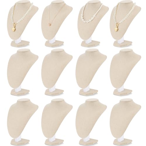 Huquary 12 Pcs Necklace Stand Display Jewelry Bust Display Stands Necklace Display Stand Jewelry Photography Props Necklace Display Stands for Selling for Home Store Trade Shows (Flaxen,Linen)