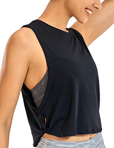 CRZ YOGA Pima Cotton Cropped Tank Tops for Women - Sleeveless Sports Shirts Athletic Yoga Running Gym Workout Crop Tops Deep Armhole-Black X-Large