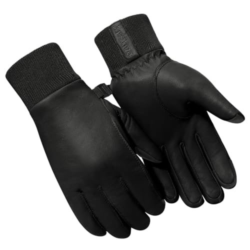 Harssidanzar Mens Winter Thermal Leather Touch Gloves,Waterproof Gloves with Thinsulate Fleece Lined for Cold weather HM002US,Black,Size XS