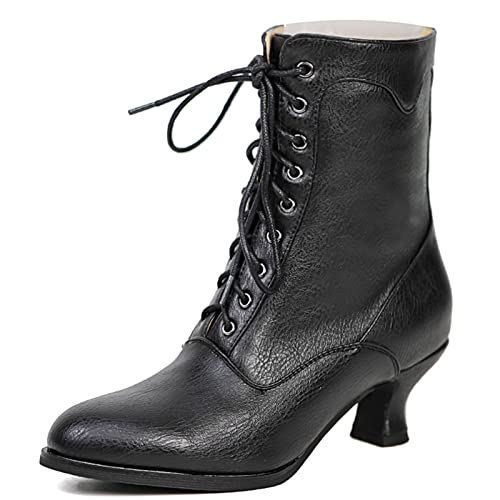 SaraIris Women's Ankle Boots Mid Calf Boots Gothic Chunky Heel Lace Up Mesh Vintage Round Toe Knight Boots Witch Boots for Women