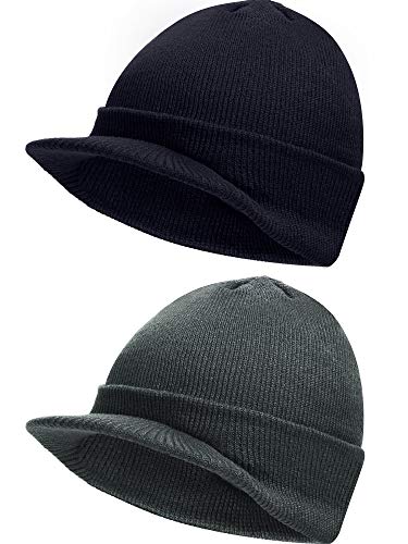 SATINIOR Men Knit Cap with Brim Beanie Hat Warm Thick Hat for Outdoor (Black, Dark Gray, 2 Pcs)