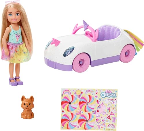 Barbie Chelsea Doll & Unicorn Toy Car, Blonde Small Doll in Removable Skirt, Pet Puppy, Sticker Sheet & Accessories