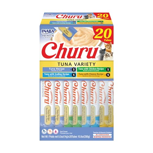 INABA Churu Cat Treats, Lickable, Squeezable Creamy Purée Cat Treat with Green Tea Extract & Taurine, 0.5 Ounces Each Tube, 20 Tubes, Tuna Variety Box