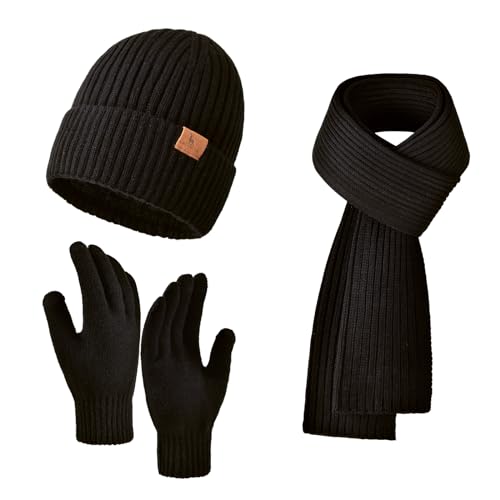 LackBlue Winter Hats Scarf for Men with Touchscreen Gloves Warm Knit Beanie Hat Themal Gloves Long Scarf Set with Fleece Lined for Women Men Black