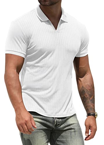 NITAGUT Polo Shirts for Men V Neck Slim Fit Short Sleeve Performance Golf Shirt Knit Soft Tees White, Medium