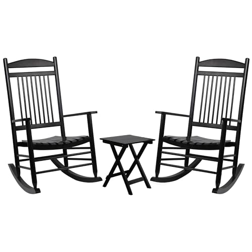 MUPATER Outdoor Rocking Chair Set 3-Piece Patio Wooden Rocker Bistro Set with Foldable Table and Curved Seat, Black