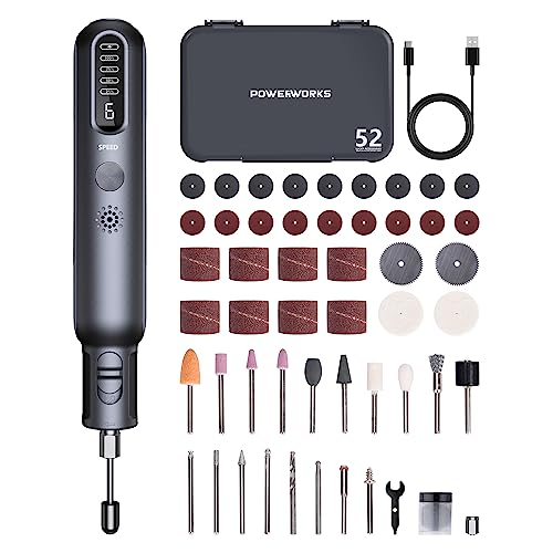 POWERWORKS 8V Cordless Rotary Tool Kit with 52pcs Accessories for Multi-Purpose, 180W High Power & 6-Level Speed Settings Rotary Tool, USB Charging