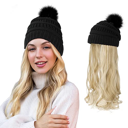 AynnQueen Beanie with Hair Attached for Women Slouchy Cable Hat Wig Knit Beanie Winter Hat with 20inch Removable Hair Extensions Wig (Ash Blonde Mix Bleach Blonde-Black Hat)