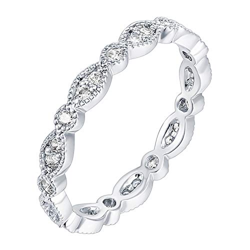 PAVOI 14K White Gold Plated Rings Cubic Zirconia Band | Round Milgrain Eternity Bands | White Gold Rings for Women Size 8