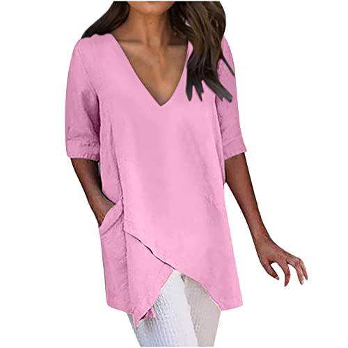 Casual Cotton and Linen 3/4 Sleeve Summer Tops for Women Loose Irregular Hem Tunic T Shirt Solid Plain Plus Size Blouse