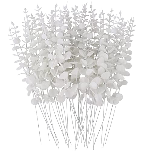 FEQO 36 Pcs White Eucalyptus Stems Artificial Eucalyptus Leaves Decor Eucalyptus Branches Fake Eucalyptus with Fake Leaves 15 inch Faux Eucalyptus Stem for Vase Wedding Bouquet Home