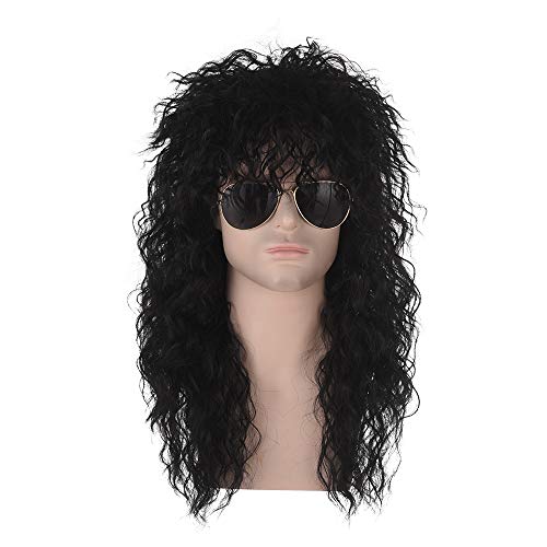 QACCF Costume Wig 80s Wigs Halloween Costumes Male Rock Wig Long Culry Punk Heavy Metal Mullet Wig (Black)