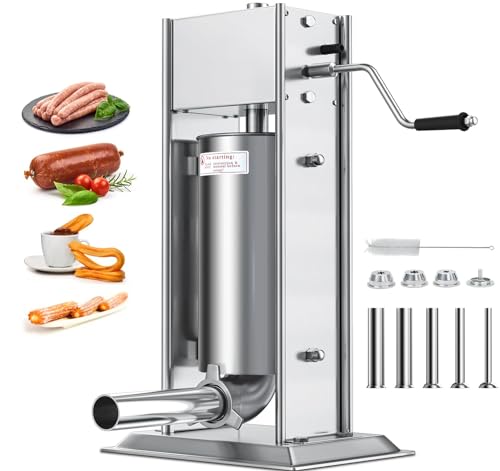 YITAHOME Sausage Stuffer, 5L/10LB Sausage Maker, Manual Stainless Steel Sausage Filling Machine Churro Maker with 5 Stuffing Nozzles for Commercial and Home Use