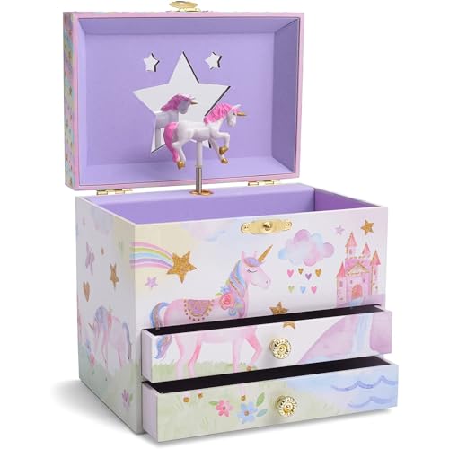 Jewelkeeper Musical Jewelry Box with 2 Pullout Drawers - Unicorn Gifts For Girls - Storage Box with Glitter Rainbow and Stars Unicorn Design Unicorn Music Box in the Tune of Beautiful Dreamer