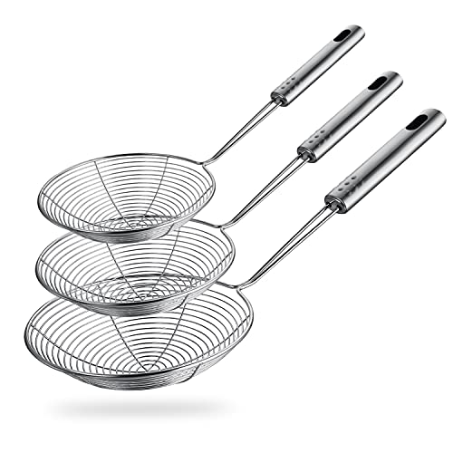 Spider Strainer Skimmer Spoon, HSpiow Set of 3 Sizes Frying Spoon Stainless Steel Fryer Scoop Wire Strainer Ladle with Long Handle for Kitchen Frying Cooking Food Pasta