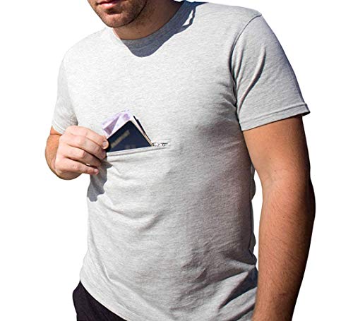 Clever Travel Companion Crew Neck Men's Tee Shirt - Pickpocket Proof Cotton T Shirts - Short Sleeve Running Workout Shirt - Sublimation Tees with Secret Hidden Pockets for Holiday Tour (Gray, Small)