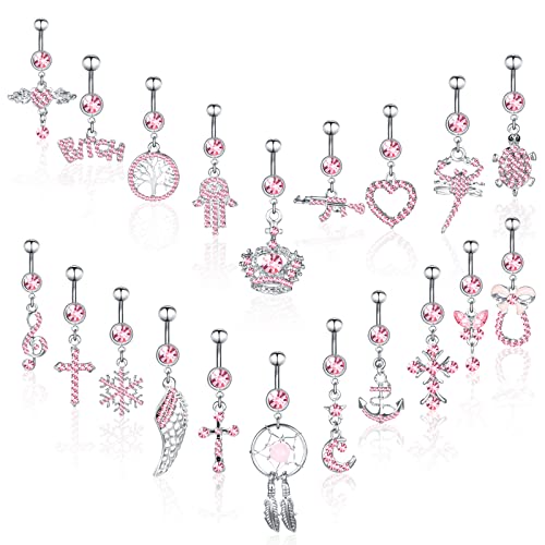 Junkin 20 Pcs 14G Dangle Belly Button Ring, Dangling 316L Surgical Steel Navel Rings Cubic Zirconia Belly Piercing Jewelry Women's Body Piercing Barbells, Silver Pink