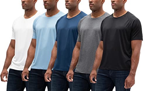 DEVOPS 5 Pack Men's UPF 50+ Sun Protection Moisture Wicking Dry-Fit Short Sleeve Workout T-Shirts (White/Lt.Blue/Navy/Carbon Heather/Black, Large)