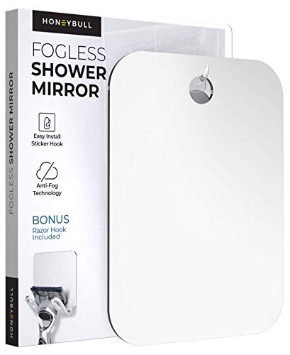 HONEYBULL Shower Mirror Fogless for Shaving - (Large 8x10in) Flat Anti Fog Mirror with Razor Holder for Shower, Mirrors, Shower Accessories, Bathroom Mirror & Accessories, Holds Razors for Men