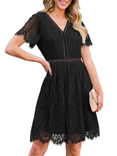 MEROKEETY Women's V Neck Floral Lace Wedding Dress Short Sleeve Cocktail Party Dress, Black, XL