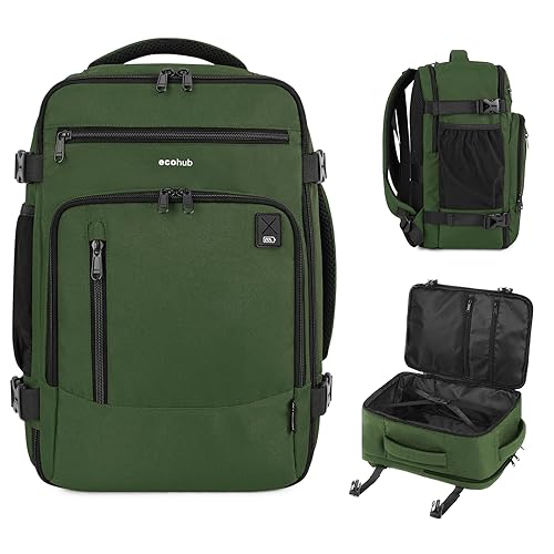 ECOHUB 16'' Travel Backpack Carry On Underseat Airline Approved Personal Item Travel Bag with Multi-Pockets Laptop Backpack Casual Daypack Small Hiking Backpack Lightweight for Women Men, Green