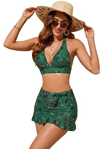 Floerns Women's 3 Piece Bathing Suit High Cut Bikini Sets Swimsuit with Cover Up Skirt Dark Green S