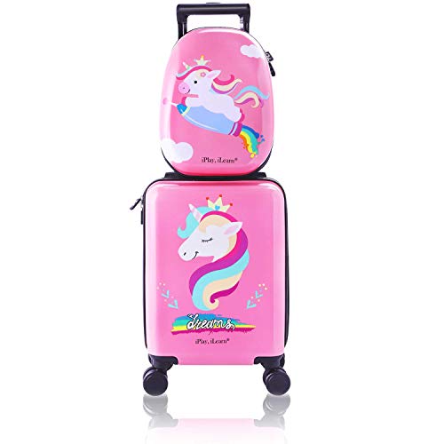 iPlay, iLearn Unicorn Kids Luggage, Girls Carry on Suitcase W/ 4 Spinner Wheels, Pink Travel Luggage Set W/Backpack, Trolley Luggage for Children Toddlers