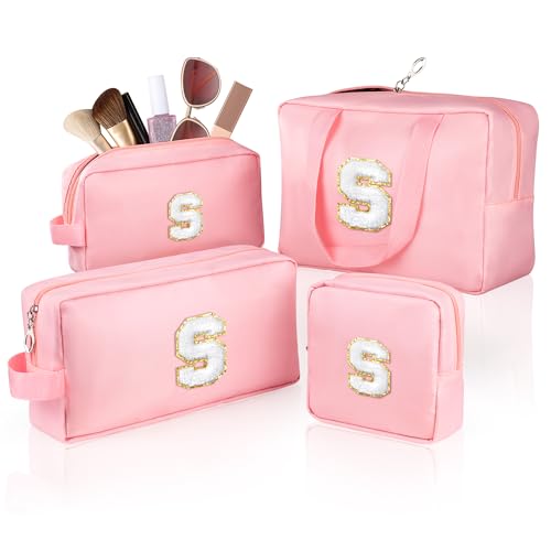 TOPEAST Personalized Gift for Women Girls, 4 Pack Initial Makeup Bag Nylon Cosmetic Bag Preppy Letter Makeup Bag Portable Travel Toiletry Bag Friendship Birthday Gift, Letter S
